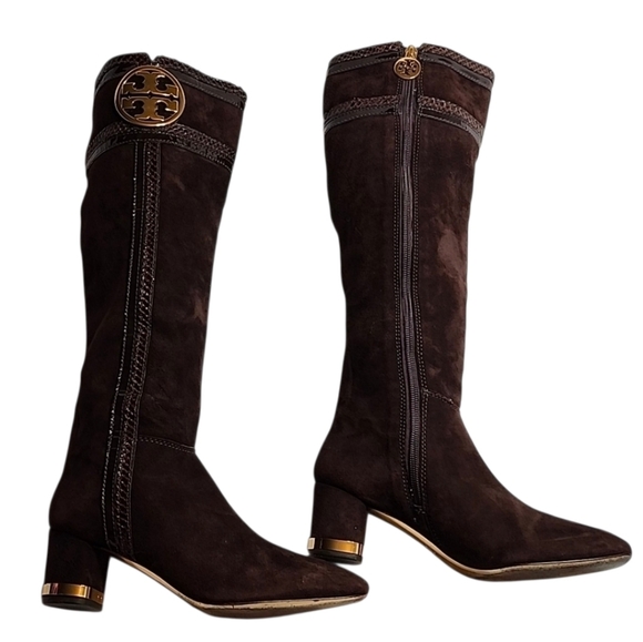Tory Burch Uma Brown Genuine Suede Knee High Full Zip Trim Riding Boots Sz 7 - Picture 3 of 16